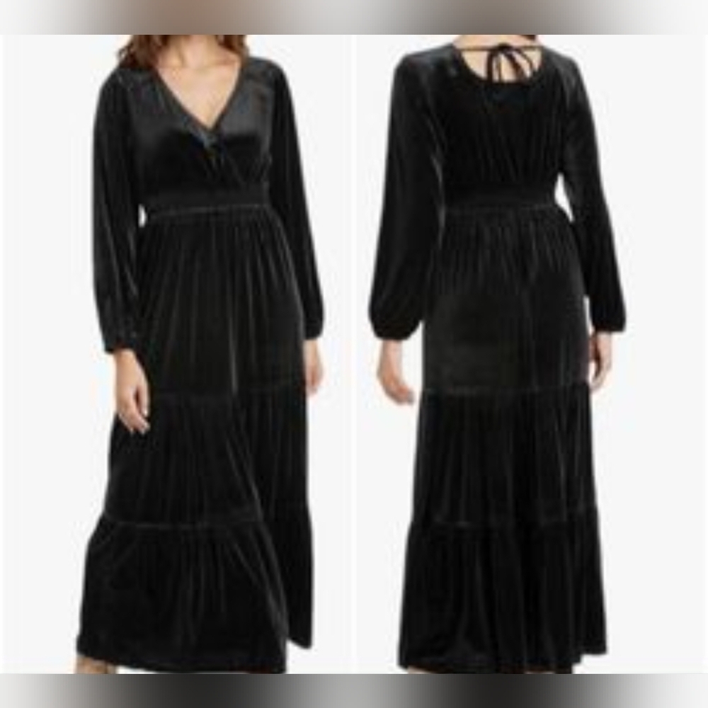 Knox Rose Black Velvet A-Line Maxi Tiered Whimsigoth Long Sleeve Dress M NWT